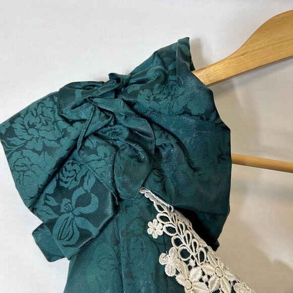 VTG 80s Jessica McClintock Green Brocade Lace Neck Formal Midi Dress Size 13/14 - Picture 4 of 14